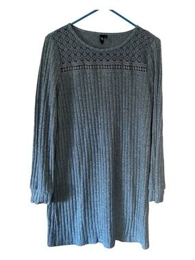 NWOT Automet Women Grey Blue Ribbed Knit Midi Sweater Dress with Lace Yoke